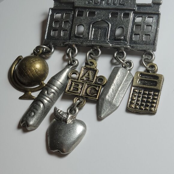 Vintage Brooch Silver Tone School House Pin with Charms - Picture 1 of 5